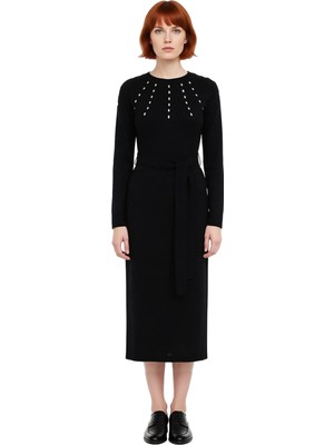 Ersefa Kadın Şık Kuşaklı Taş Baskı Detaylı Triko Maxi Elbise A Line Kesim Kış Sezonu Tesettür Stili