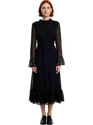 Ersefa Kadın Şık Midi Boy A Kesim Dik Yaka Ispanyol Kollu Astarlı Şifon Dokuma Fırfır Detaylı Kışlık Elbise