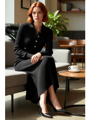 FRM Kadın Standart Kol %100 Akrilik A Line Maxi Triko Elbise Polo Yaka ve Metal Düğmeli Tesettür Modası