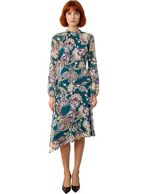 Ersefa Kadın Uzun Kollu Midi Boy Astarlı Şal Desenli Şifon Dokuma Dik Yaka A Kesim Elbise Kaliteli