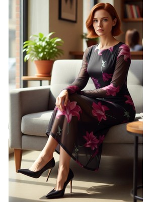 FRM Kadın Çiçekli Desenli Astarlı Tül Kumaş Midi Elbise Uzun Kollu Bisiklet Yaka Bodycon Kalıp Şıklığı