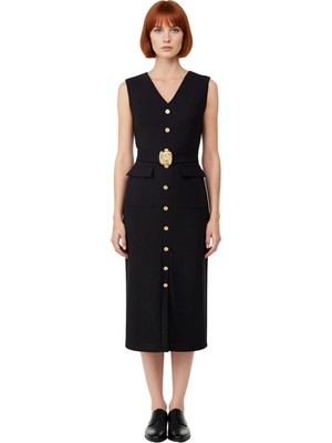 Ersefa Kadınlar Için Düz Desenli Bodycon Siluet Kolsuz Midi Dokuma Elbise V Yaka ve Kemerli Tasarım