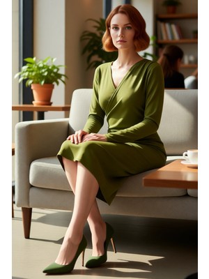 FRM Kadınlar Için Kruvaze Yaka Midi Boy Bodycon Kalıp Örme Uzun Kollu Elbise Modern ve Çekici Görünüm