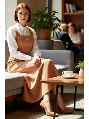 FRM Kadın Maksi Boy Kare Yaka Dokuma Jile Elbise Şık Taş Işlemeleriyle Günlük Tarzınıza Elegans