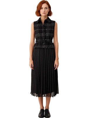 Ersefa Kadın Kolsuz Skater Midi Elbise Tüvit Detaylı Kemerli Gömlek Yaka Piliseli Zarif Dokuma Stil