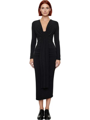 Ersefa Şık Gece Davetleri Için Kadın Bodycon Uzun Kollu V Yaka Düz Maxi Elbise Modern Tasarım Kaliteli