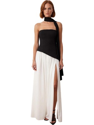 Ersefa Kadın Maxi Boy Straplez Şal Detaylı Renk Bloklu Skater Elbise Mezuniyet ve Gece Için Şık Tasarım