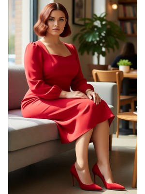 FRM Kadın Kare Yaka Düz Desen Shift Kalıp Uzun Balon Kol Dokuma Midi Boy Yırtmaçlı Elbise Kaliteli