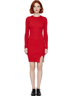 Ersefa Kadın Düz Desen Ince Yapılı Bodycon Mini Triko Elbise Uzun Kollu Bisiklet Yaka Kombin Kaliteli