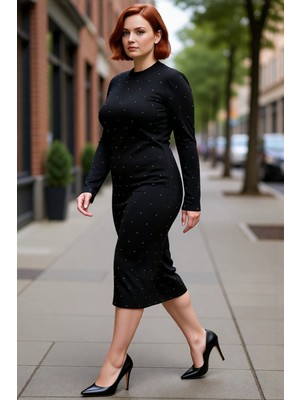 PayBuy Kadın Siyah Bodycon Triko Midi Elbise Bisiklet Yaka Taş Detaylı Uzun Kol Kışlık Şık Seçim Kaliteli