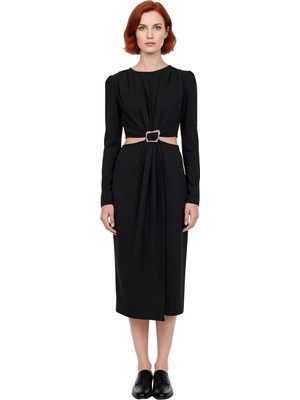 Ersefa Kadın Düz Desen Midi Boy Uzun Kollu Bisiklet Yaka A Line Dokuma Cut Outlı Kışlık Elbise Kaliteli