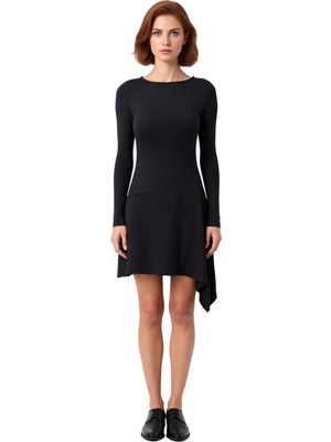Ersefa Kadın Örme Viskon Ribana Bodycon Kalıp Kayık Yaka Uzun Kollu Asimetrik Mini Elbise Konforlu Şıklık