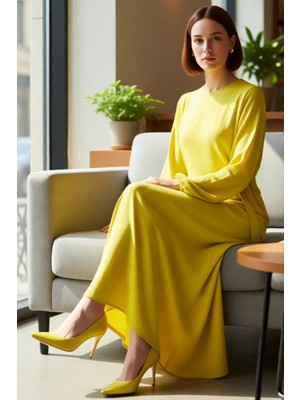 FRM Kadın Casual Düz Desen Bisiklet Yaka Astarsız Dokuma Balon Kol Maxi Elbise Zarif ve Konforlu