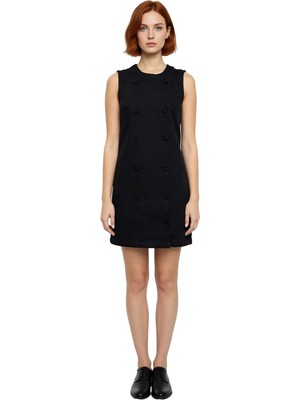 Ersefa Kadın Kolsuz Kruvaze Yaka Mini Denim Elbise Düğme Detaylı %100 Pamuk Düz Kesim Şıklığı Kaliteli