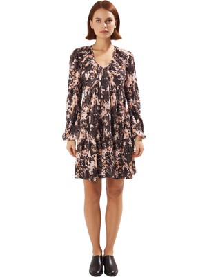 Ersefa Kadın Pilise Detaylı Soyut Desen V Yaka Balon Kol Uzun Kollu Mini Elbise Şıklık Kaliteli Şık