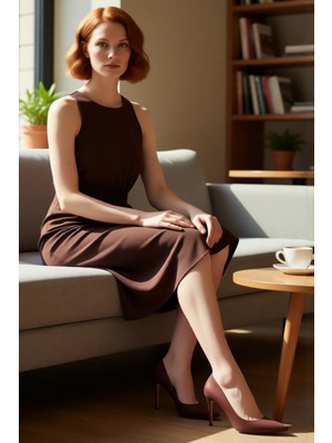 FRM Kadın Kahverengi Büyük Beden Kolsuz Midi Elbise A Line Kesim Dokuma Kumaş Bağlama Detayı Kaliteli