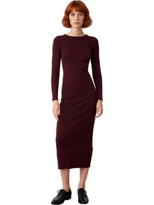 Ersefa Kadın Triko Uzun Kollu Maxi Boy Kayık Yaka Düz Desenli Esnek Şık Gündüz Gece Elbisesi Kaliteli