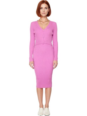 Ersefa Kadın Bodycon Kesim Düz Triko Elbise Uzun Kollu V Yaka Midi Boy Sonbahar Kış Şıklığı Kaliteli