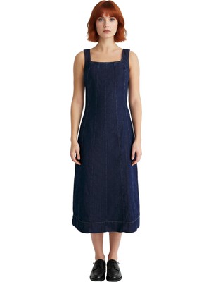 Ersefa Kadın Düz Desen Askılı Bodycon Midi Denim Elbise Şık ve Rahat Günlük Kombinler Için Kaliteli