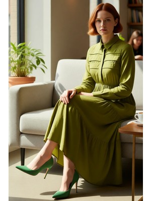 FRM Kadın Uzun Kol Gömlek Yaka Skater Elbise Haki Kendinden Jakar Çiçekli Desenli Maxi Viskoz Kaliteli