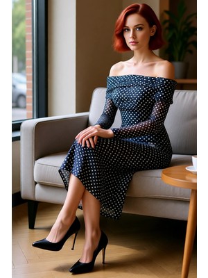 FRM Kadın Siyah Puantiyeli Carmen Yaka Balık Maxi Elbise Özel Şık Davetler ve Geceler Için. Kaliteli