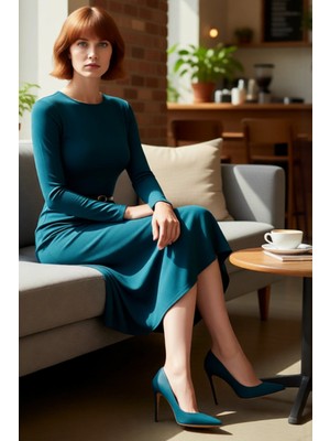 FRM Modern Kadın Havuz Yaka Düz Desen Uzun Kollu A Line Maxi Elbise Kemer Detayıyla Kışa Özel Kaliteli