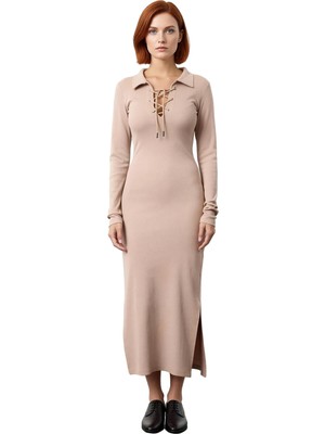 Ersefa Kadın Kaşkorse Bodycon Uzun Kollu Polo Yaka Bağcık Detaylı Midi Elbise Günlük Şıklık Sunan