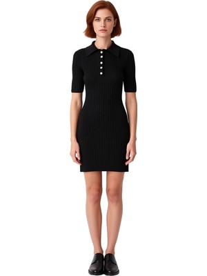 Ersefa Kadın Siyah Fitilli Triko Kumaş Kısa Kollu Polo Yaka A Line Mini Elbise Günlük Rahat Kombin