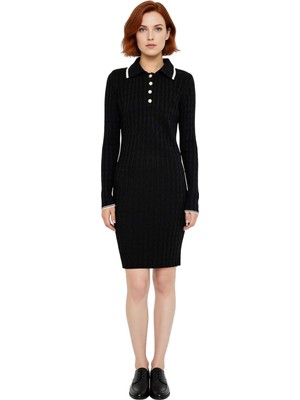 Ersefa Kadın Uzun Kollu Polo Yaka Bodycon Kahverengi Triko Mini Elbise Şık ve Konforlu Günlük Stil