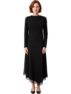 Ersefa Kadın Şık Kayık Yaka Uzun Kollu Siyah Astarlı Maxi Boy Tül Detaylı Bodycon Örme Elbise Kaliteli