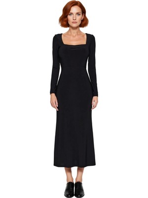Ersefa Kadınlara Özel Düz Desenli Uzun Kollu Bodycon Maxi Elbise Kare Yaka Polyester Karışımlı Kaliteli