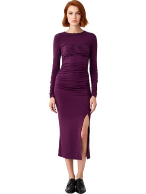 Ersefa Kadın Fashion Forward Midi Elbise Bisiklet Yaka Uzun Kol Düz Bodycon Şık Gece Davetleri Kış