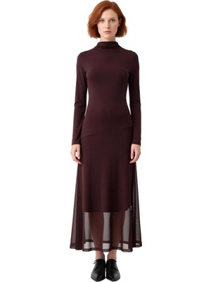 Ersefa Kadın Modern A Kesim Uzun Kollu Dik Yaka Astarlı Kalın Sandy Dokuma Kışlık Midi Elbise Kaliteli