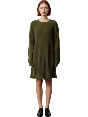 Ersefa Kadın Günlük Akrilik Mini Elbise Shift Kalıp Akıtma Detaylı Bisiklet Yaka Uzun Kollu Triko Tasarım