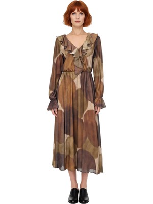 Ersefa Moda Ileri Kadın Soyut Desenli Fırfır Detaylı V Yaka Uzun Kollu Örme Maxi Elbise Seçeneği.