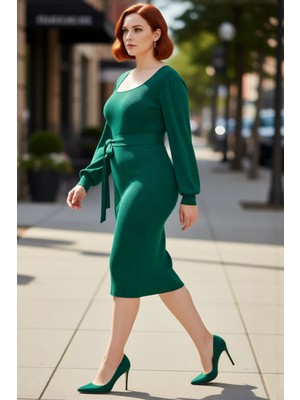 PayBuy Kadın Triko Bodycon Kalıp Midi Elbise Kare Yaka Balon Kol Detaylı Kuşaklı Şık Tasarım Kaliteli