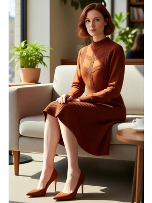FRM Kadınlar Için Kışlık Bej Rengi Dik Yaka Balon Kol A Kesim Akrilik Triko Mini Elbise Zarafeti.