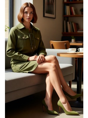 FRM Kadın Casual Mini Gömlek Elbise Haki Rengi %100 Pamuk Bağlama Detaylı Uzun Kollu Yaka Kış