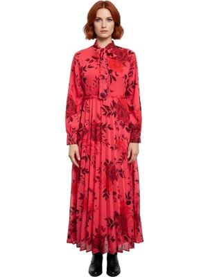 Ersefa Kadın Şık Dokuma Çiçekli Maxi Elbise Balon Kol Detaylı Astarlı Boyundan Bağlamalı Tasarım Kaliteli