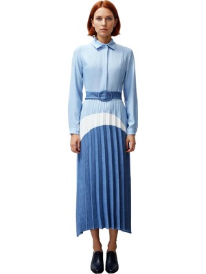 Ersefa Modern Kadın Gömlek Yaka Kemerli Uzun Kollu Renk Bloklu Maxi Elbise Ilkbahar Yaz Şıklığı Kaliteli