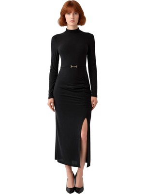 Ersefa Kadınlara Özel Siyah Örme Bodycon Maxi Elbise Standart Kol Dik Yaka Detaylı Kış Kombinleri Için