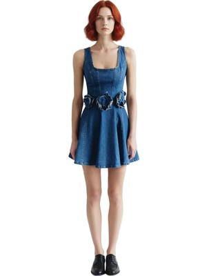 Ersefa Kadın %100 Pamuk Askılı A Line Siluet Kare Yaka Mini Denim Elbise Gül Detaylı Yaz Stili Kaliteli