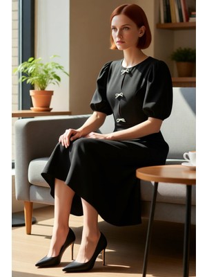 FRM Kadın Şık Gece Ortamları Için Skater Midi Balon Kol Fiyonklu Bisiklet Yaka Kokteyl Elbisesi