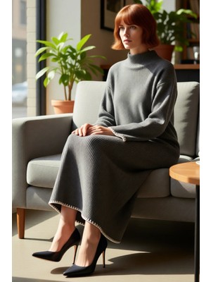 FRM Kadın Düz Renk Dik Yaka Uzun Kollu Triko Elbise Shift Kalıp Çoban Dikiş Detaylı Kışlık Maxi