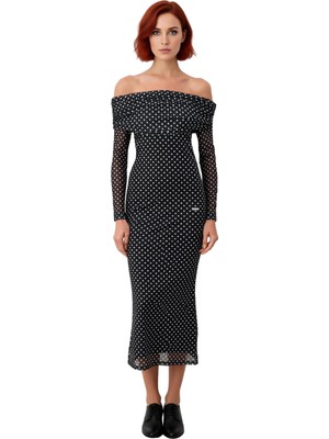 Ersefa Kadın Fashion Forward Stilde Balık Siluet Uzun Kollu Puantiyeli Tül Abiye Elbise Kış Akşamları.