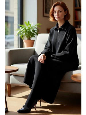 FRM Kadın Akrilik Triko Maxi Elbise Fermuarlı Dik Yaka Uzun Kollu Kış Günleri Için Ideal Seçenek