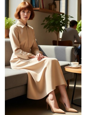 FRM Kadın Casual Gabardin Dokuma Maxi Elbise Gömlek Yaka Uzun Kol A Line Rahat Kış Stili Kaliteli