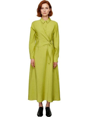 Ersefa Kadın Gömlek Yaka A Line Dokuma Elbise Maxi Boy Uzun Kol Bel Bağlama Detayı Günlük Zarif Stil