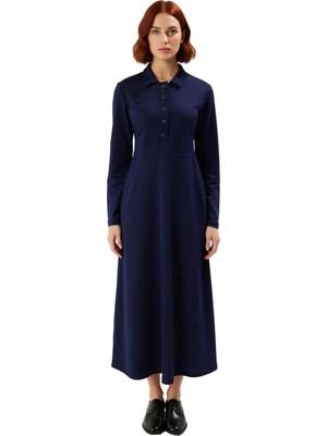 Ersefa Kadın Casual A Line Maxi Elbise Polo Yaka Uzun Kollu Düz Örme Krep Kumaş ile Şıklık Sunar Kaliteli