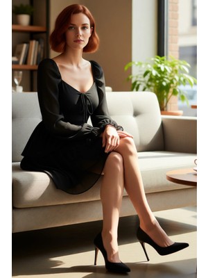 FRM Kadın Çiçekli Şifon Skater Mini Elbise Kalp Yaka Balon Kol Detaylı Ilkbahar Yaz Stiliniz. Kaliteli